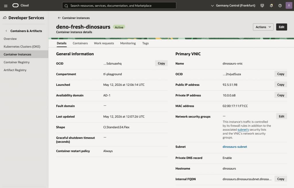 Screenshot of the container instances console showing the container instance main details page