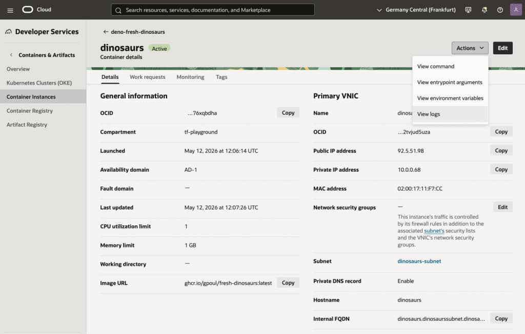 Showing the details of the dinosaurs container running on the container instance