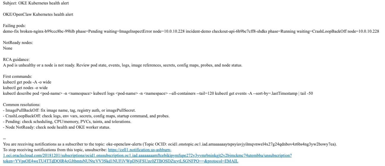 Email-style OKE/OpenClaw Kubernetes health alert reporting two failing pods: one pending due to ImageInspectError and one running with CrashLoopBackOff; no NotReady nodes. It includes RCA guidance, Kubernetes troubleshooting commands, and common resolutions.