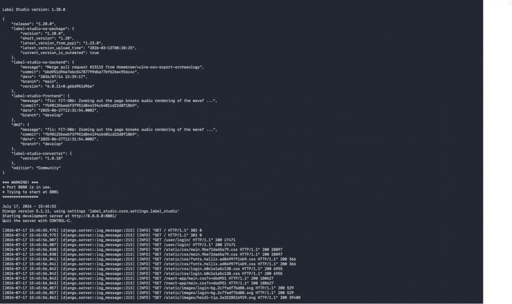 Terminal window showing the Homebrew command to install Label Studio on macOS.