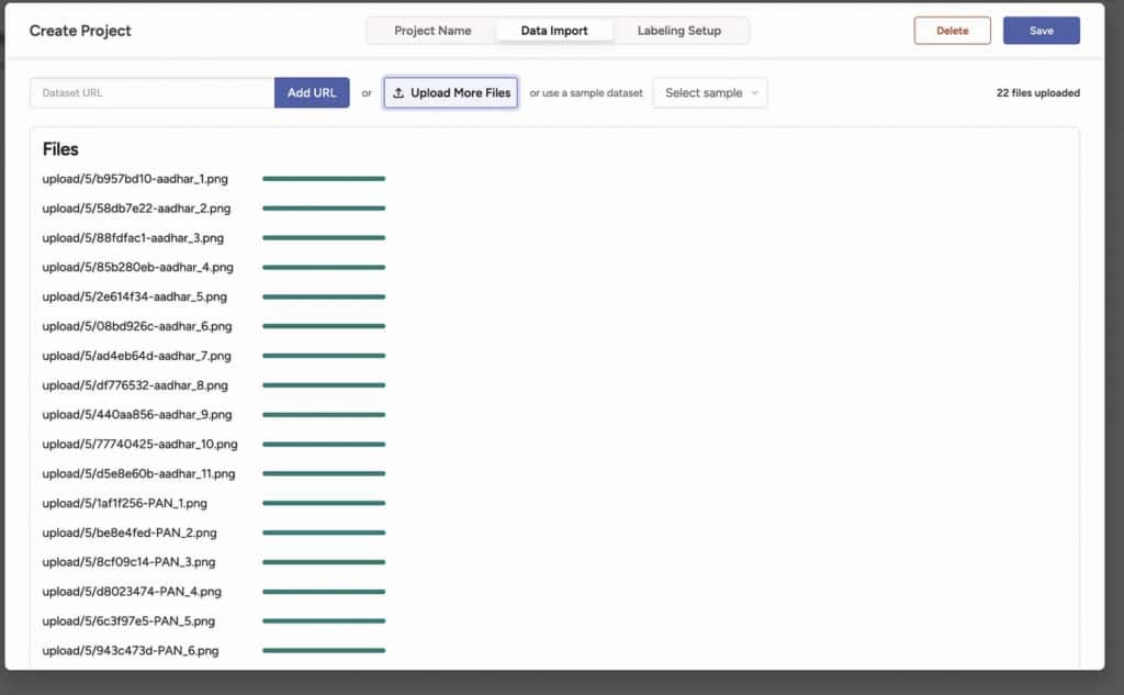 Label Studio Data Import page for uploading images from a local computer or URL.