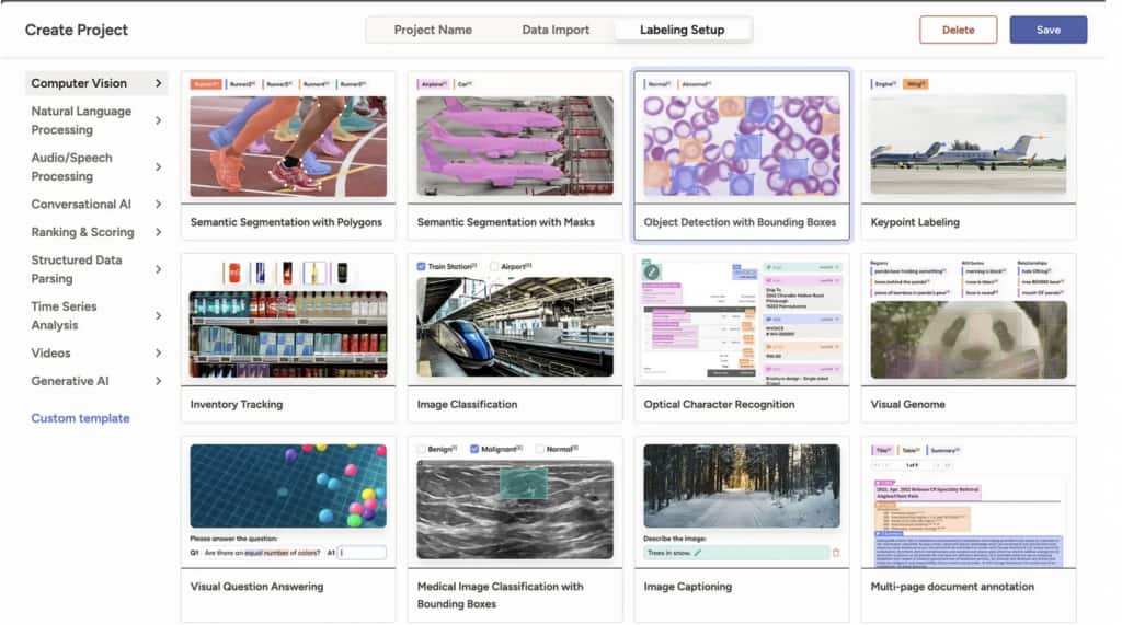 Label Studio Labeling Setup page with object detection selected for bounding-box annotation.
