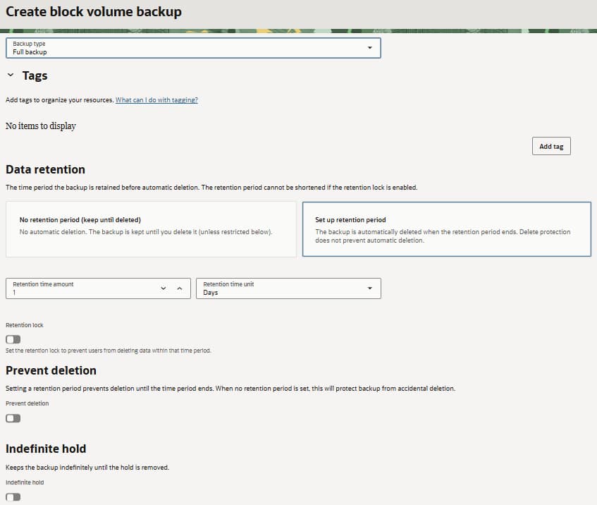 screenshot of block volume backup in OCI console