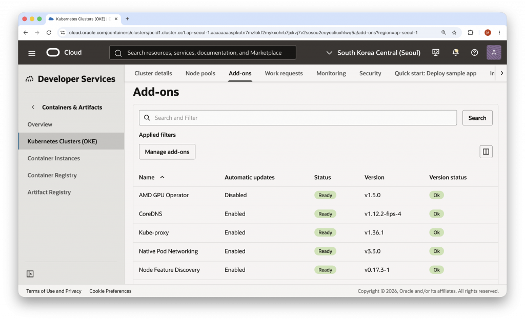 OCI Console showing the OKE Add-ons configuration page.