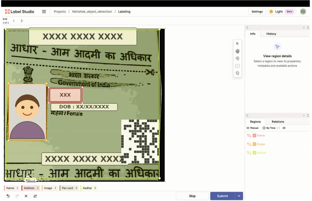 Label Studio annotation interface showing a redacted sample ID card with bounding boxes around its fields.