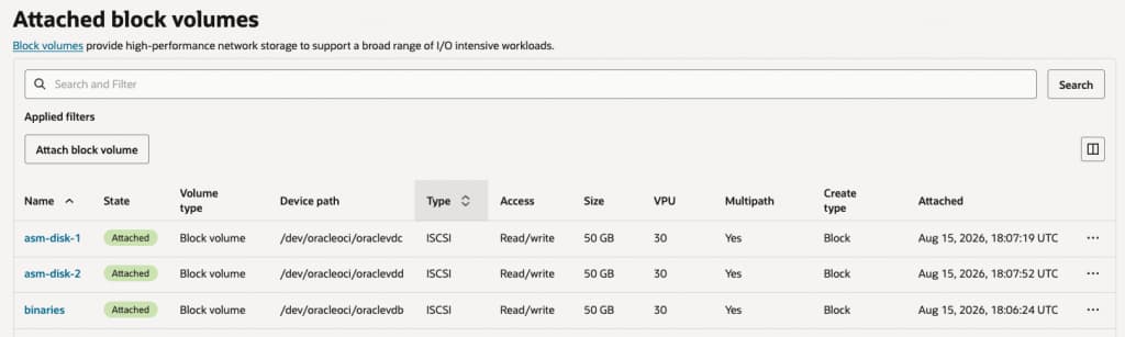 OCI Console validation after reattachment: all three UHP volumes are attached through iSCSI with Multipath set to Yes.