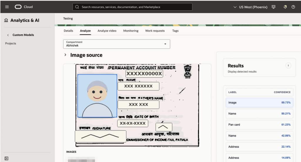OCI Vision custom model testing screen showing detected fields and confidence scores for a redacted sample ID card.