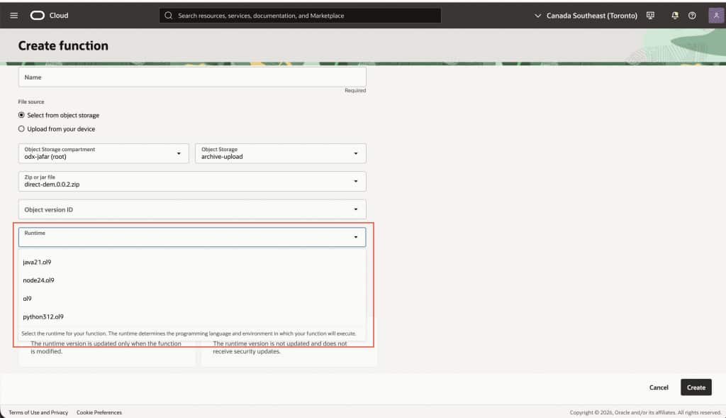 Create function page showing the runtime menu with Java, Node.js, Oracle Linux, and Python options.