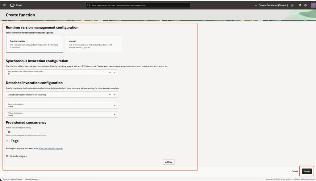 Create function page showing Function update and Manual runtime update modes.