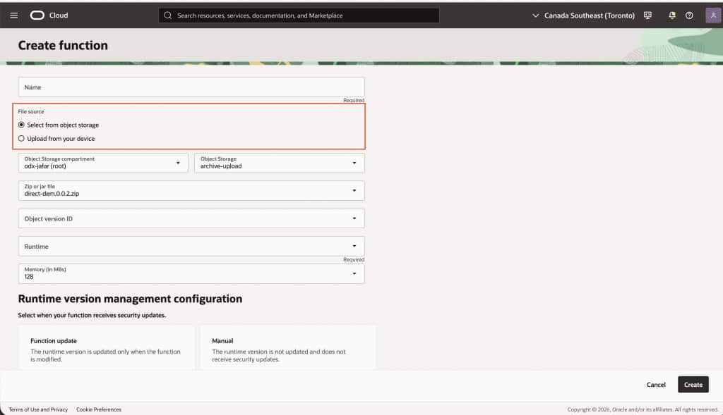 Create function page showing archive selection from "Object Storage" or "Upload from your device"