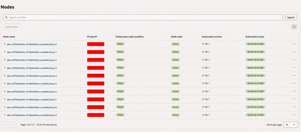 Figure 3. OKE Console snapshot of `pool1`, the 10 active, Ready nodes that host the Agent Pods, running Kubernetes v1.36.1.