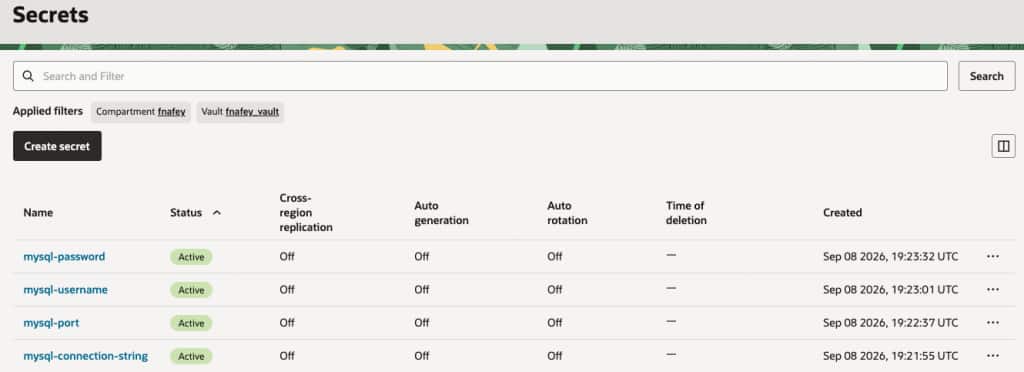 OCI console showing secrets created