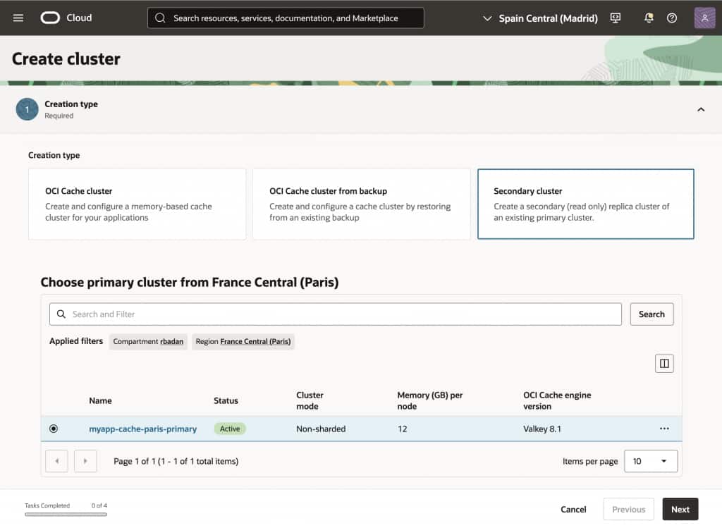 Create a secondary cluster in a different OCI region