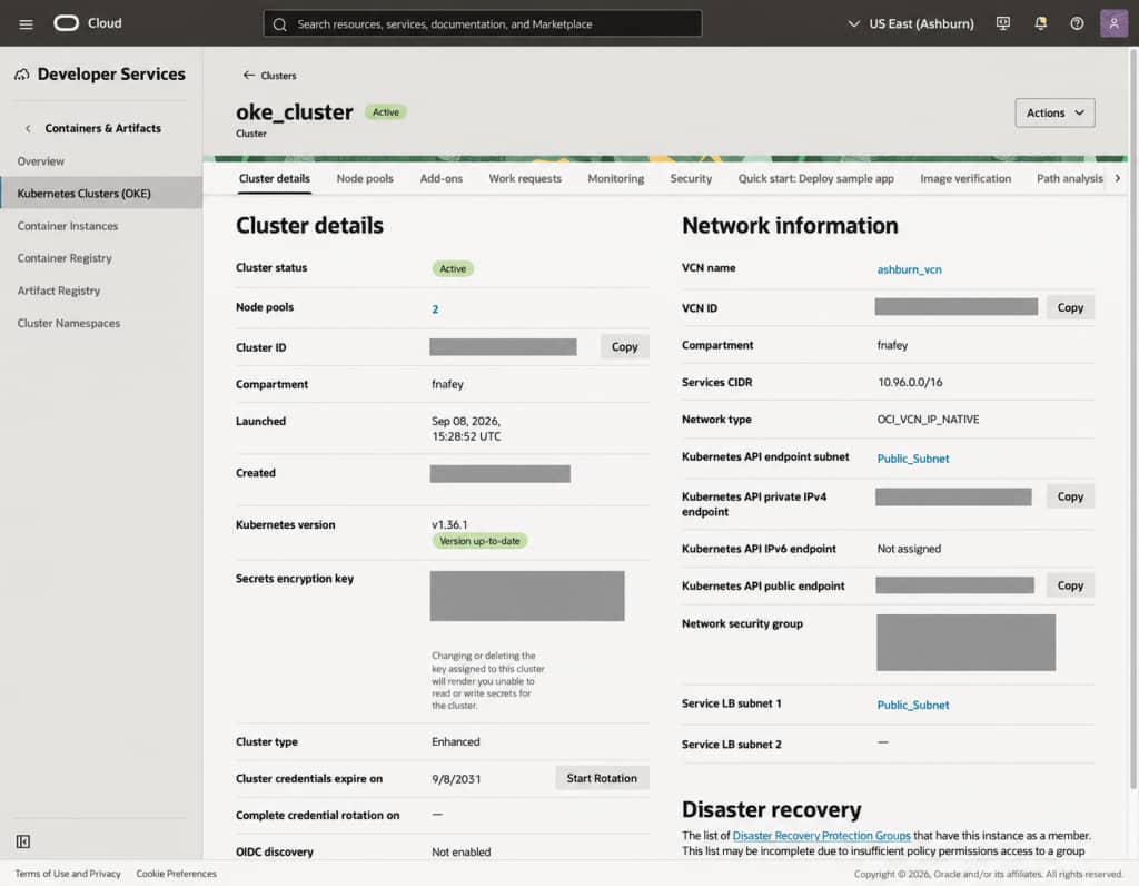 OCI console showing enhanced cluster details