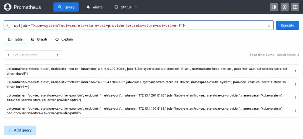 Prometheus console output highlighting the target status