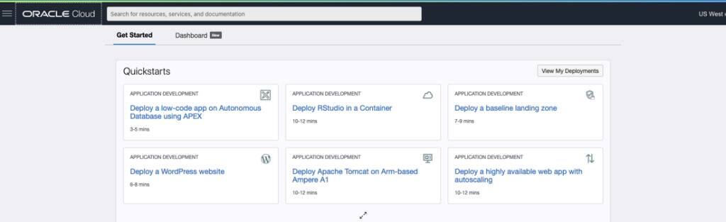 Figura 1: página inicial do Oracle Cloud Console, mostrando a zona de destino do sandbox de linha de base Quick Start