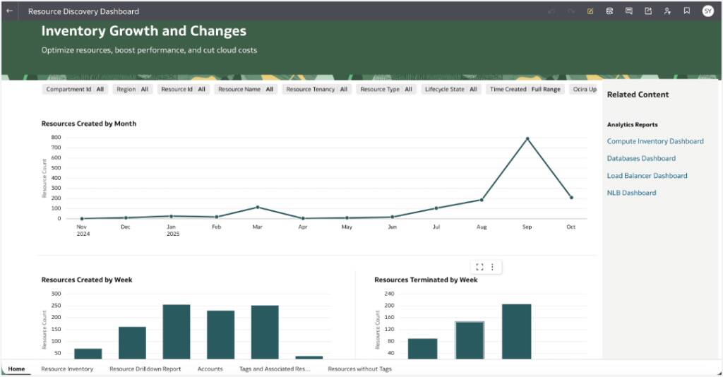 Příklad řídicího panelu OCI Resource Analytics