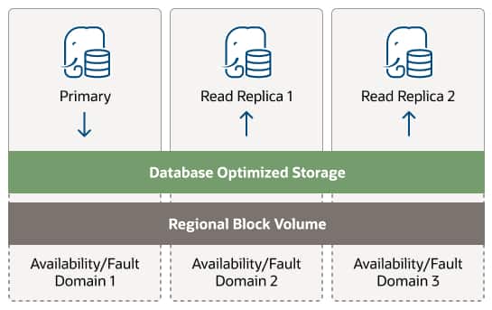 Obrázek znázorňuje architekturu databáze se třemi samostatnými komponentami. V horní části jsou tři ikony, z nichž každá představuje instanci databáze: jedna označená jako 'Primární' a dvě označené 'Read Replica 1' a 'Read Replica 2'. Šipky směřují dolů od těchto ikon na vrstvu označenou jako „Database Optimized Storage“, což znamená, že všechny tři instance interagují s touto vrstvou. Pod tím je vrstva „Regionální blokový svazek“ rozdělená do tří sekcí, z nichž každá odpovídá jiné „Dostupné/chybné doméně“: Doména 1, Doména 2 a Doména 3. To ilustruje nastavení vysoké dostupnosti, kde primární a čtecí repliky jsou podporovány vrstvou úložiště, která zahrnuje více domén poruch.