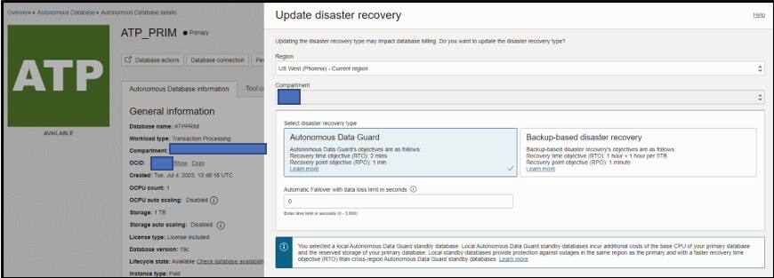 Snímek obrazovky okna Update Disaster Recovery se zvýrazněnou možností Autonomous Data Guard.