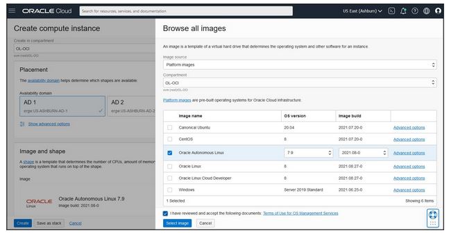 A screenshot of the Browse All Images window over the Create Compute Instance page.