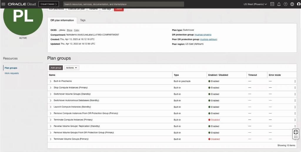 Alt text: Snímek obrazovky sekce Skupiny plánů na stránce Podrobnosti v konzole.