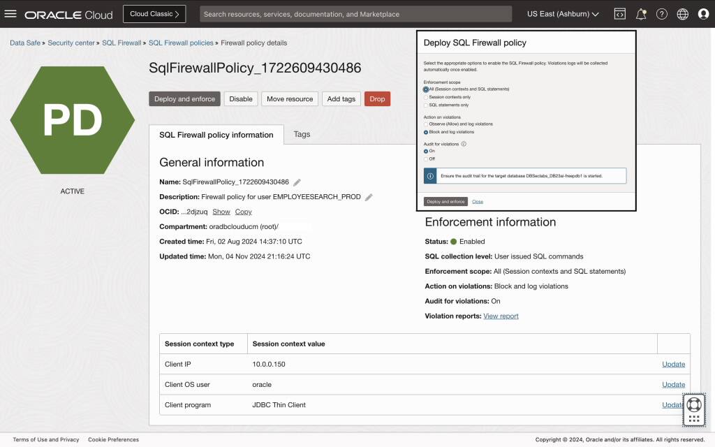 Snímek obrazovky Data Safe zobrazující nasazení zásady brány SQL Firewall