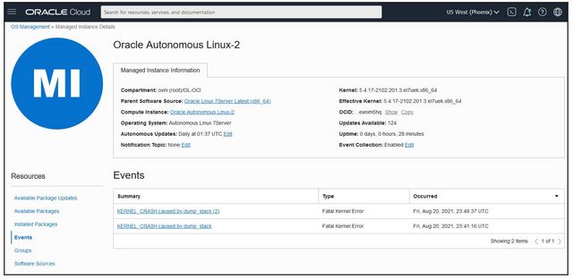 A screenshot of the Managed Instance Details page for Oracle Autonomous Linux-2.