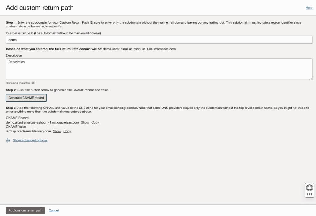 Přidání vlastní návratové cesty v konzole Oracle Cloud Console