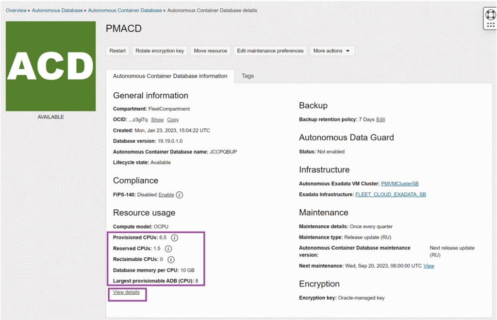 Zobrazení podrobností databáze autonomních kontejnerů