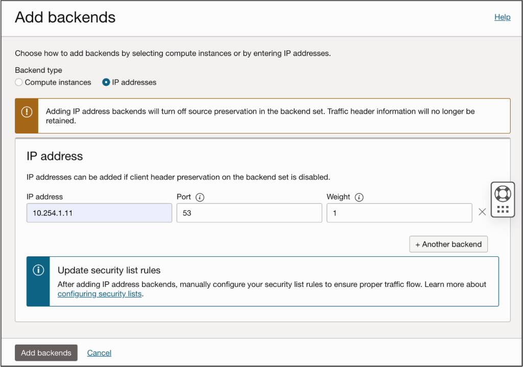 Přidání backendu založeného na IP v konzole Oracle Cloud Console.