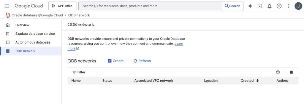 Obrázek sekce správy sítě ODB v konzoli Google Cloud