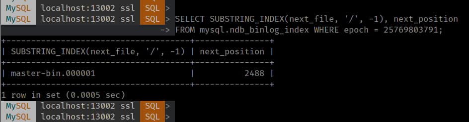 Finding binary log file name and poition from ndb_binlog_index on source MySQL Server