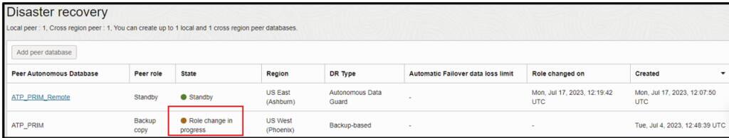 Níže je snímek obrazovky sekce zotavení po havárii se stavem „Probíhá změna role“ červeně vyznačeným po zahájení přepnutí.