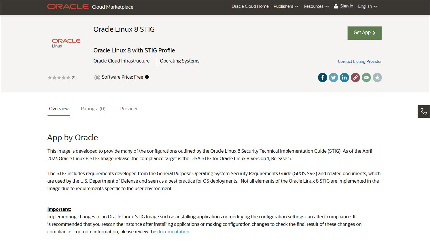 Obrázek Oracle Linux 8 STIG na Oracle Cloud Marketplace