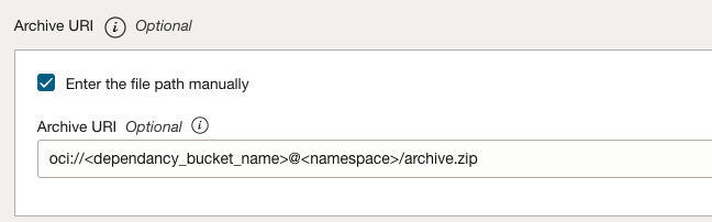 Snímek obrazovky sekce Archive URI v konzole Oracle Cloud Console s uvedením cesty k závislosti archive.zip.