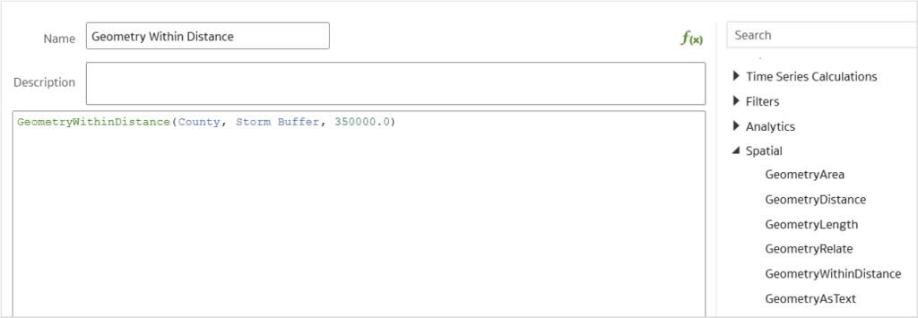 Obrázek 4. Výpočet GeometryWithinDistance používaný k objevování okresů USA, které jsou v dosahu 350 km od Storm Buffer.