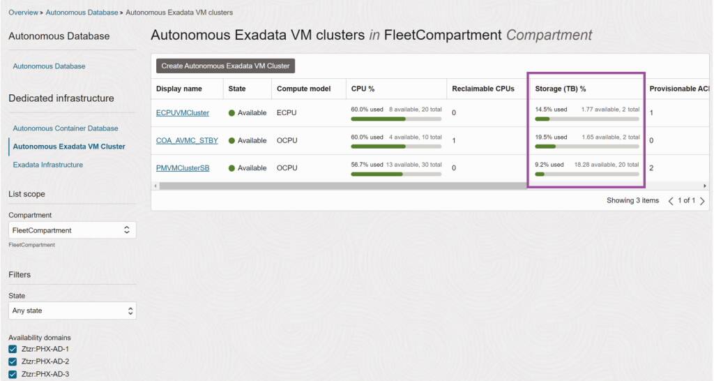 Zobrazení seznamu Autonomní Exadata VM Cluster