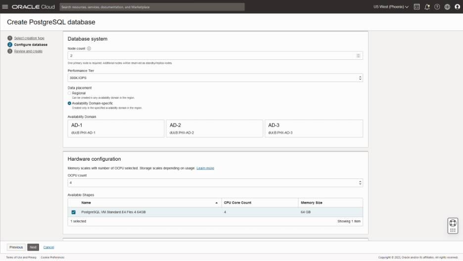Snímek obrazovky s konfigurační obrazovkou Create PostgreSQL Database.
