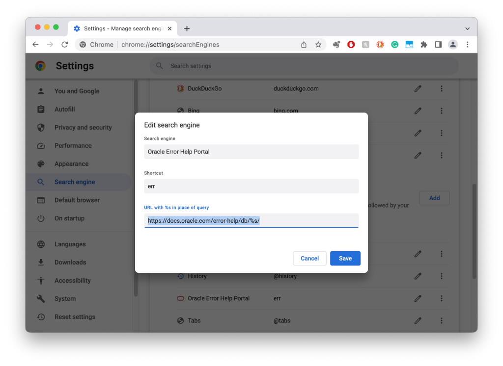 Chrome Edit vyhledávač