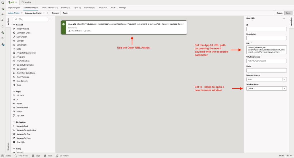 Použití standardního VB Open URL Action Chain