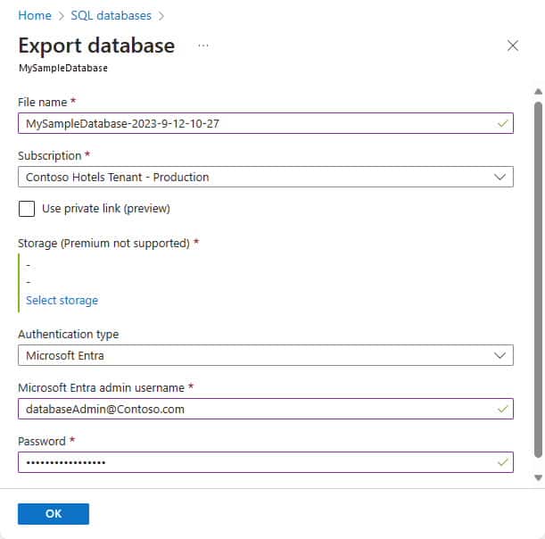 Obrazovka vytvoření exportu databáze