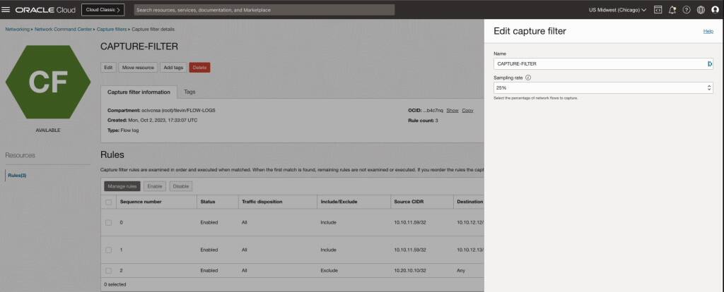 Snímek obrazovky okna Upravit filtr zachycení v konzole Oracle Cloud Console.