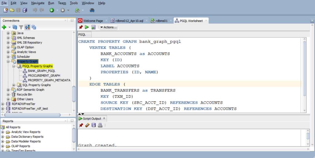 SQL Developer ukazuje příklad výpisu grafů vlastností PGQL ve vaší databázi.