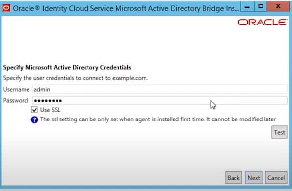 Snímek obrazovky přihlašovacího okna přihlašovacích údajů pro službu Oracle Identity Cloud Service Microsoft Active Identity bridge.