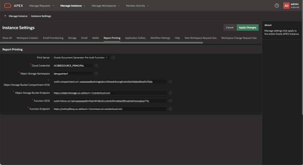 Vérifier les paramètres de l'instance APEX pour le serveur d'impression