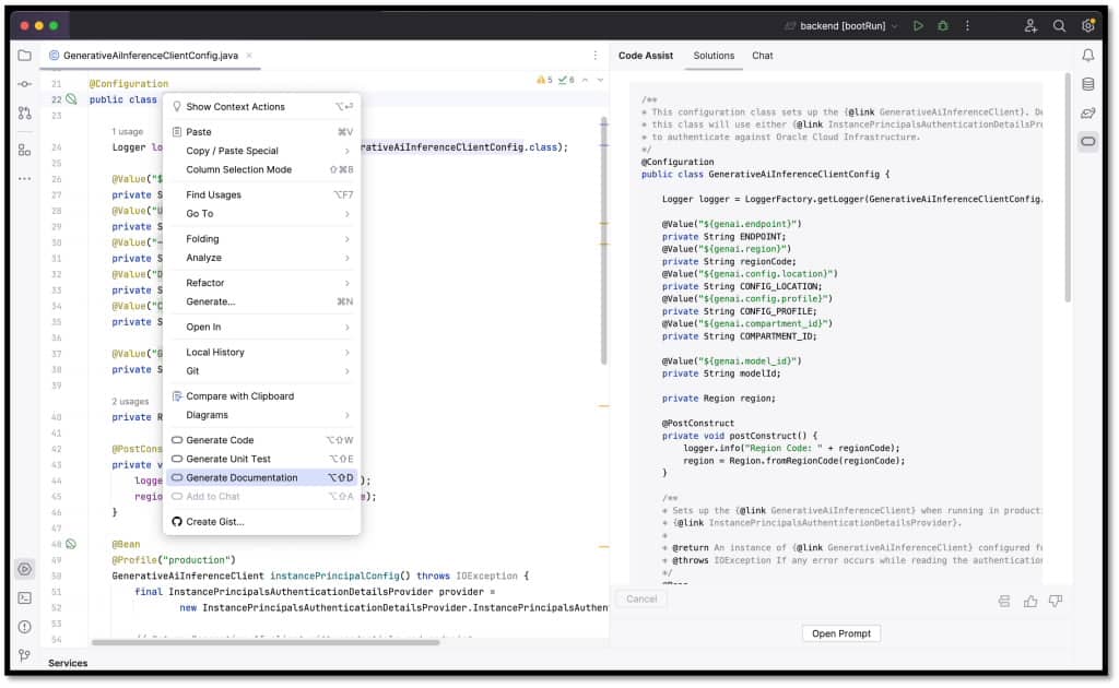 Vysvětlení chatu Oracle Code Assist