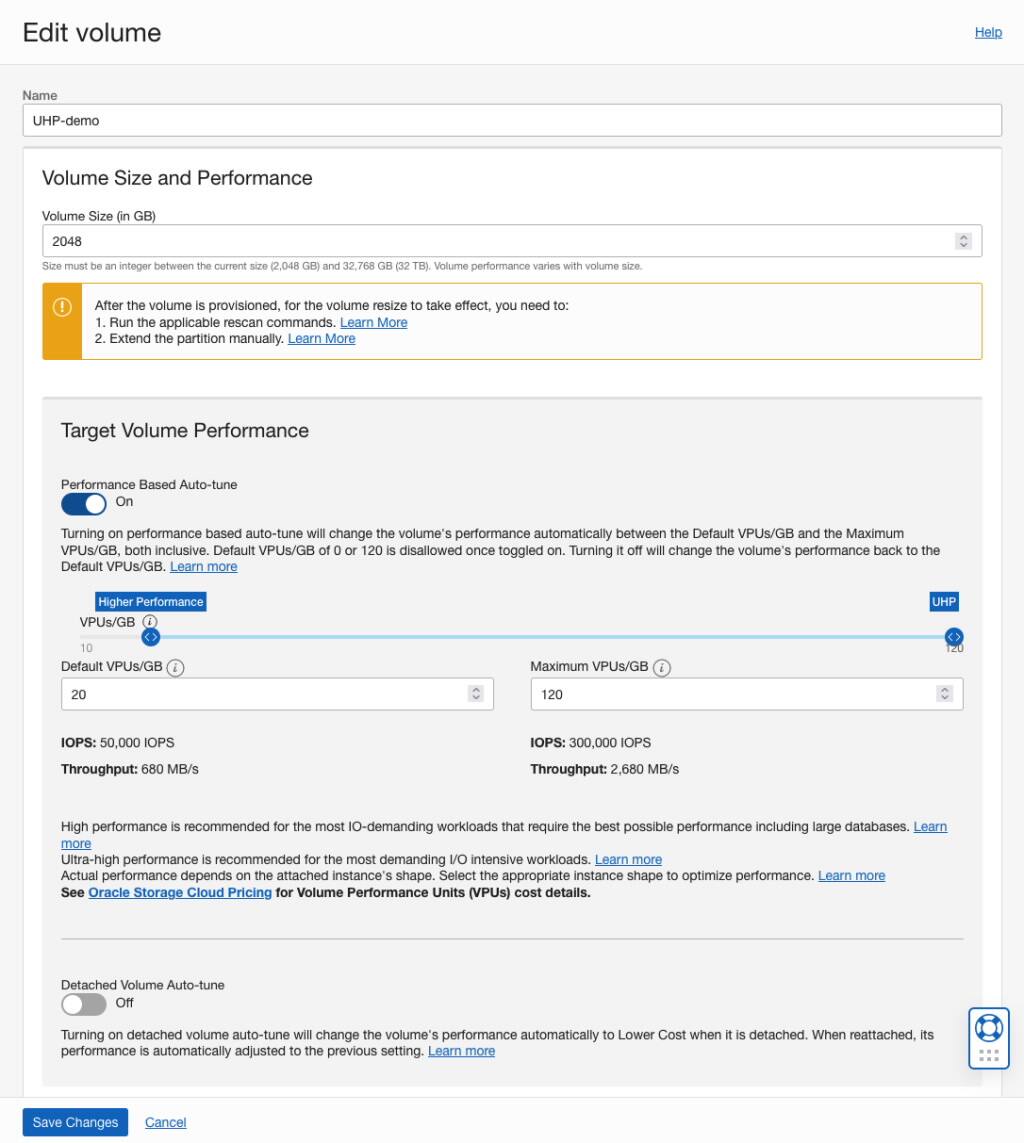 A screenshot of the Edit Volume page showing the option for performance-based autotune.