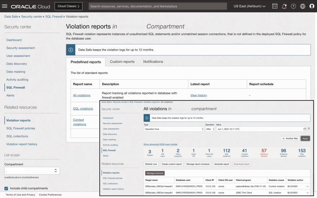 Snímek obrazovky Data Safe zobrazující porušení SQL Firewallu ve zprávě o porušení Data Safe SQL Firewall