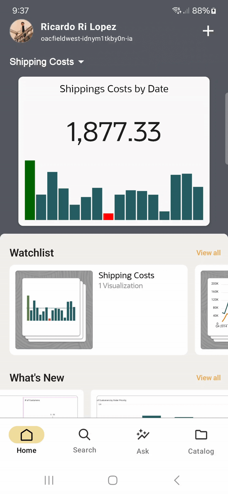 Ukázka sledovaného seznamu v Oracle Analytics pro mobily