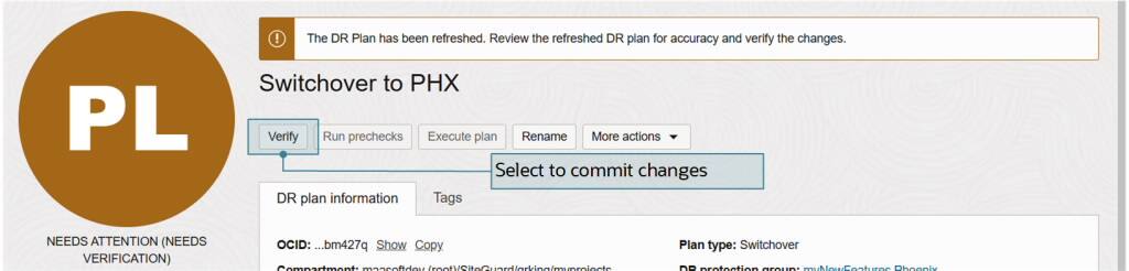 V horní části všech aktualizovaných plánů DR se zobrazí tlačítko Ověřit akci.